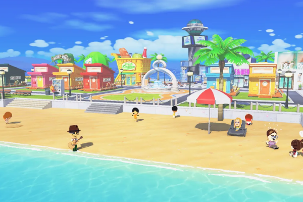 Retro handheld console emulator screen showing a Mii island game
